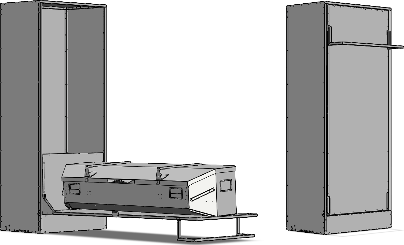 Concept 2 production CAD - the wardrobe stand closed, and with the shelf-door lowered to car height holding the box
